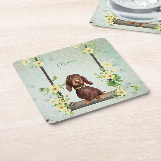 Lange Haare Dackel Gelbe Blumen Untersetzer (angewinkelt)