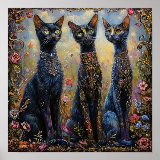 Lange schwarze Katzen zwischen Blumen Ästhetik Poster (Vorne)