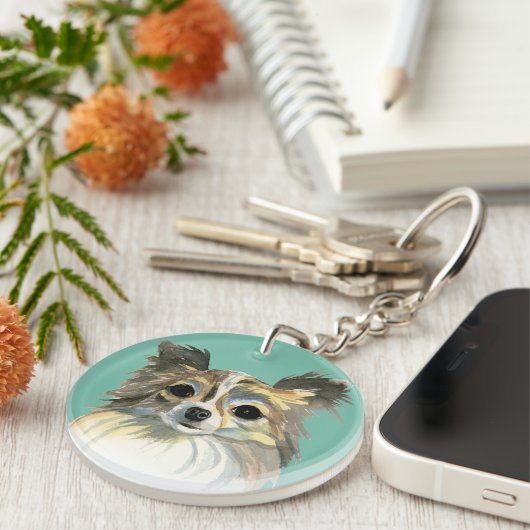 Langes Haar-Chihuahua-Aquarell-Porträt Schlüsselanhänger (Vorderseite rechts)