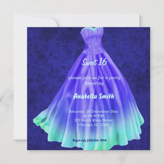 Langes Kleid Sweet 16 (blau) Einladung (Vorderseite)