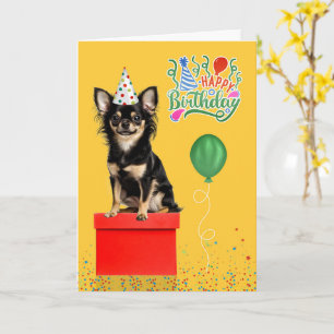 Langhaar Chihuahua Hund Partyhut Gelb Geburtstag Karte