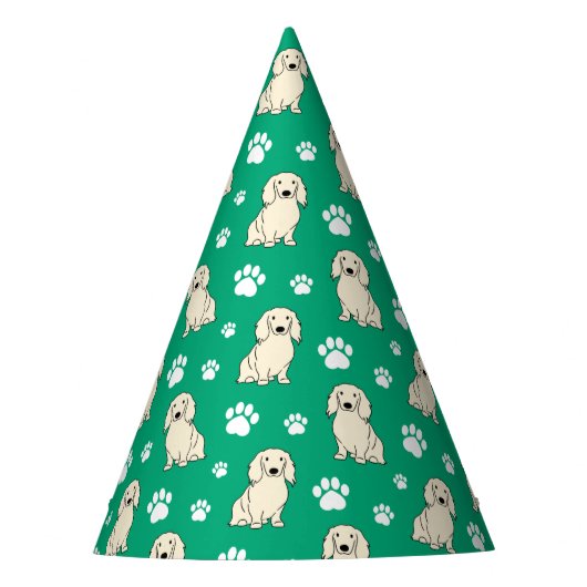 Langhaar-Dachshund in Creme Partyhütchen (Vorderseite)