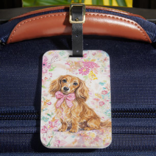 Langhaar-Dachshund Pastell-Blumen Aquarell Gepäckanhänger