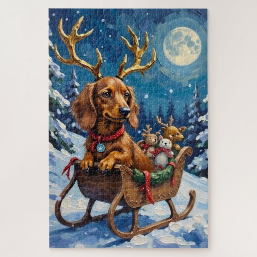 Langhaar-Dachshund-Rentier-Schlitten Puzzle (Vertikal)
