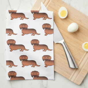 Langhaar Dachshund Rotfuchs Cartoon-Hundemuster Geschirrtuch