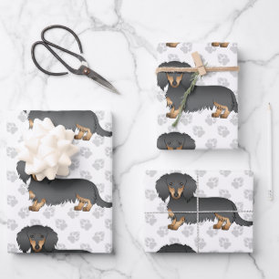 Langhaar Dachshund Schwarz & Tan Süßes Hundemuster Geschenkpapier Set