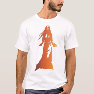 Langhaarfrau in orangefarbener Silhuette T-Shirt