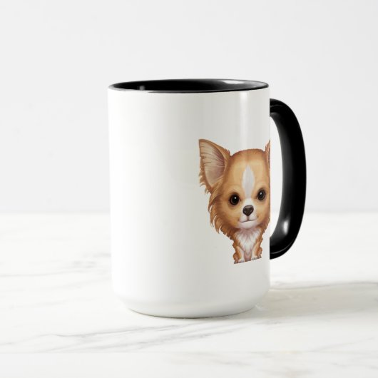Langhaarige beige und weiße Chihuahua Tasse (VorderseiteRechts)