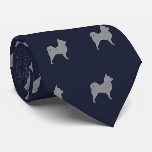 Langhaarige Chihuahua-Hunde Muster Navy Blue Krawatte (Gerollt)