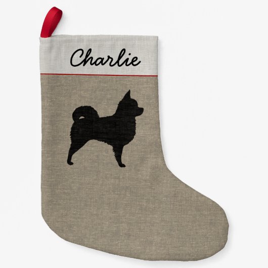 Langhaarige Chihuahua-Silhouette mit Text Kleiner Weihnachtsstrumpf (Vorderseite)