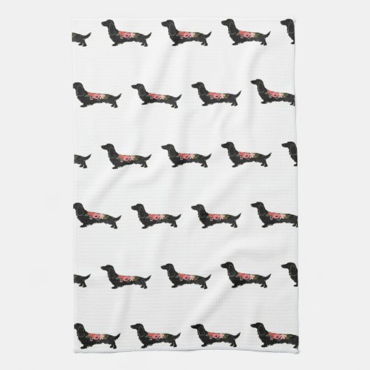 Langhaarige Dackel Bohemische Silhouette Geschirrtuch (Vertikal)