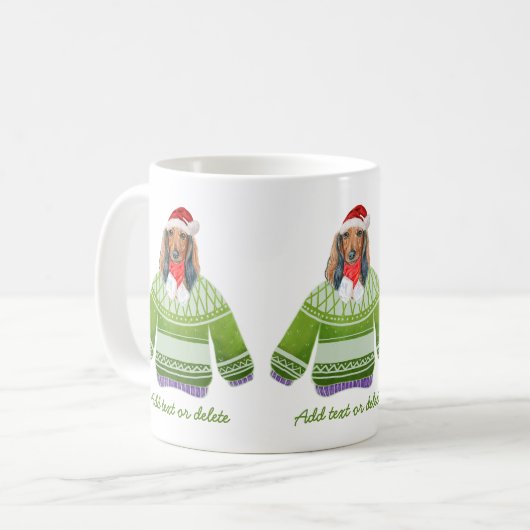 Langhaarige Dackel, die einen üppigen Xmas-Hund tr Kaffeetasse (Vorderseite Links)