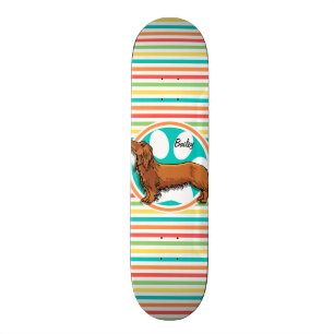Langhaarige Dackel; Helle Regenbogenstreifen Skateboard