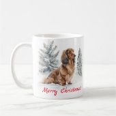 Langhaarige Dackel Hund in Schnee Frohe Weihnachte Kaffeetasse (Links)