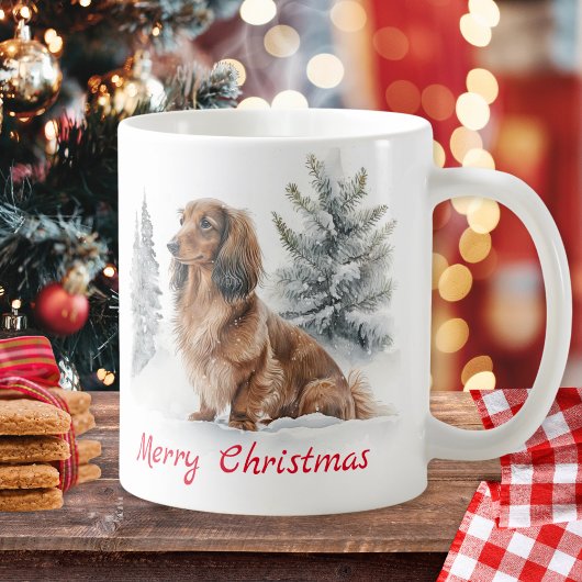 Langhaarige Dackel Hund in Schnee Frohe Weihnachte Kaffeetasse
