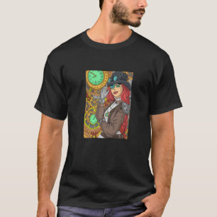 Langhaarige Dampfpunk-Frau mit Uhren und Uhren T-Shirt