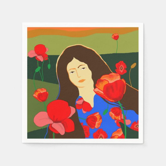Langhaarige Frau auf Mohnfeld Serviette (Vorderseite)
