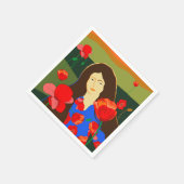 Langhaarige Frau auf Mohnfeld Serviette (Ecke)