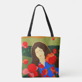 Langhaarige Frau auf Mohnfeld Tasche (Rückseite)
