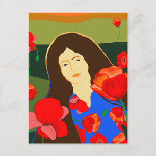 Langhaarige Frau, die auf dem roten Mohnfeld spazi Postkarte