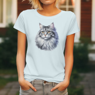 Langhaarige Katze in Wasserfarbe T-Shirt