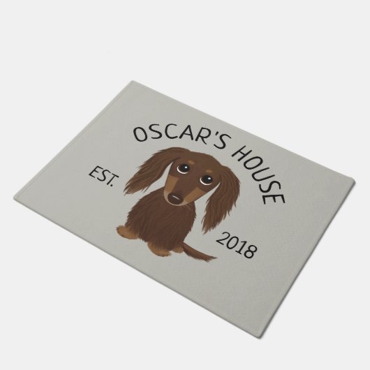Langhaarige Schokolade Dackel Hund Personalisiert Fußmatte (Schrägansicht)