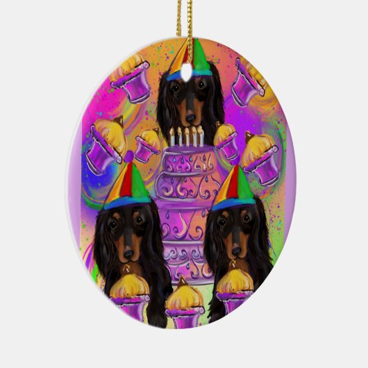 Langhaarige schwarze Dackel Keramik Ornament (Rechts)