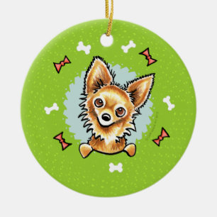 Langhaariger Chihuahua-WeihnachtsKranz Keramikornament