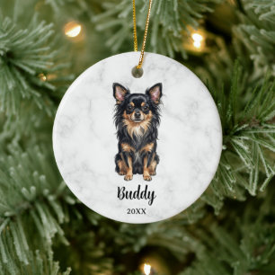 Langhaariger schwarzer brauner Chihuahua Name Hund Keramik Ornament