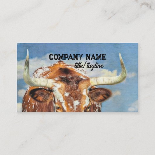 Langhorn Kuh Blau Himmel rustikales Land Visitenkarte (Vorderseite)