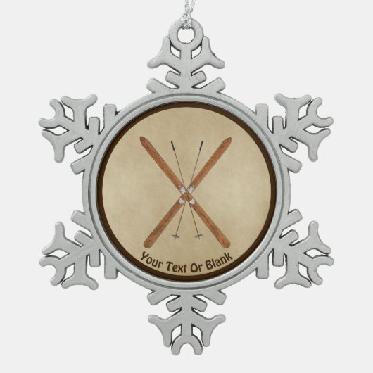 Langlaufski auf altem Papier Schneeflocken Zinn-Ornament (Vorderseite)