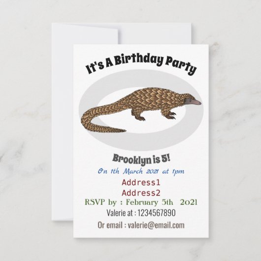 Langtailed Pangolin Cartoon Einladung (Vorderseite)
