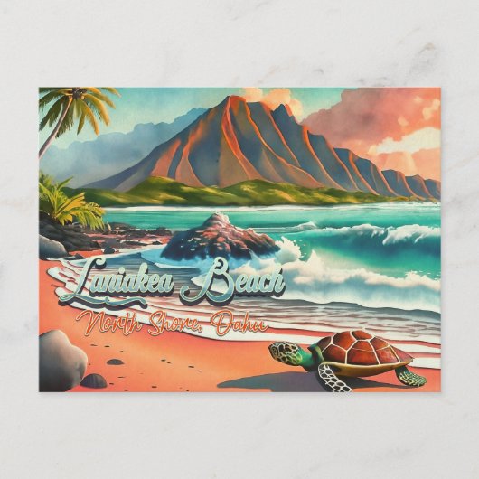 Laniakea Beach Oahu Hawaii Watercolor Vulkan Postkarte (Vorderseite)