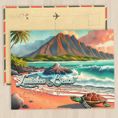 Laniakea Beach Oahu Hawaii Watercolor Vulkan Postkarte