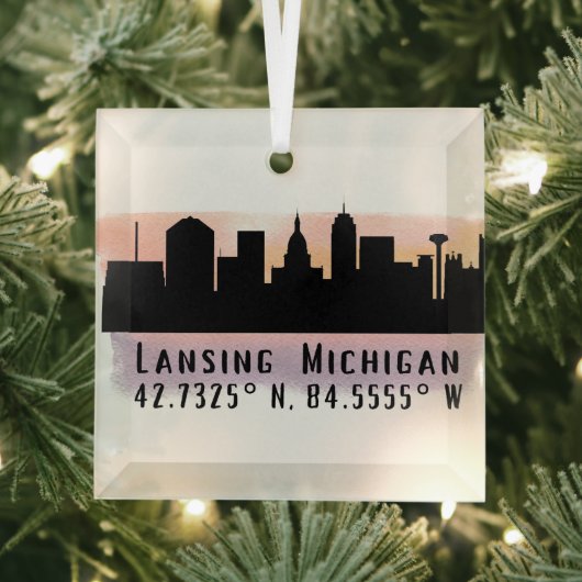 Lansing MI City Skyline Latitude und Länge Ornament Aus Glas (Insitu)