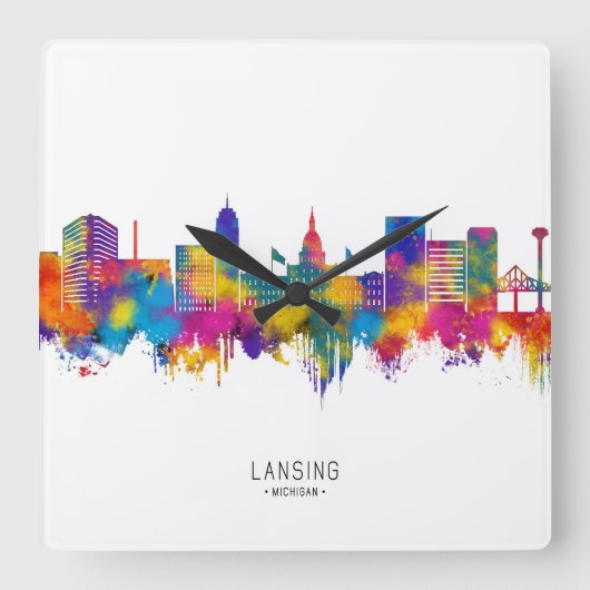 Lansing Michigan Skyline Quadratische Wanduhr (Vorderseite)