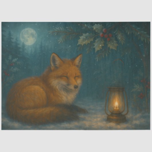 Lantern Fox Under the Holly Moon Winter Decoupage  Seidenpapier (Vorderseite)