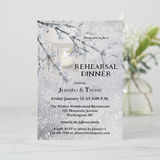 Lantern Snow Winter Probe Dinner Einladung (Stehend Vorderseite)