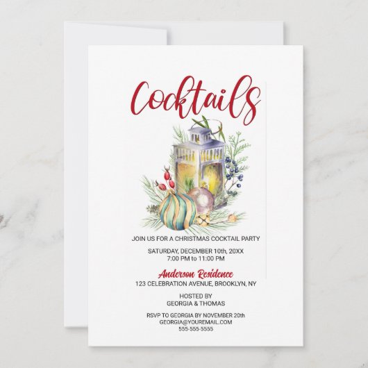 Lantern und Baubles Weihnachtscocktail Party Einladung (Vorderseite)