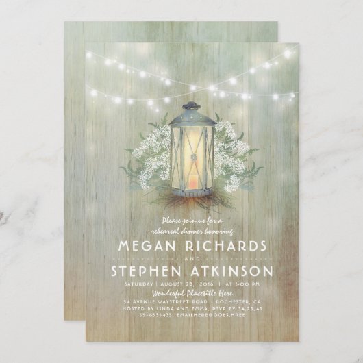 Lantern und Gipskraut Rustikale Probe Abendessen Einladung (Vorne/Hinten)