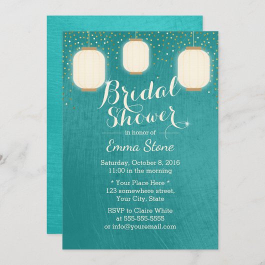 Lanterns Brautparty Modernes Aquamarines Grün Einladung (Vorne/Hinten)