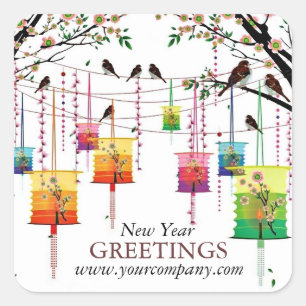 Lanterns Cherry Tree Birds Spring Greetings Quadratischer Aufkleber