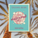Lanzarote Spanien España Retro Vintage Postkarte<br><div class="desc">Lanzarote Spain Retro Vintages Design mit einer Diskothek in rosa und apricot pfirsichfarben. Diese schöne Postkarte ist eine perfekte Grußkarte für Lanzarote-Bewohner,  Besucher,  Touristen oder Fans.</div>