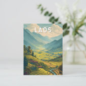 Laos Illustration Travel Art Vintage Postkarte (Stehend Vorderseite)