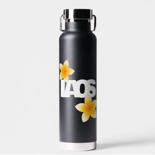 Laos Liebt Frangipani-Blüte Weiß auf Schwarz Trinkflasche
