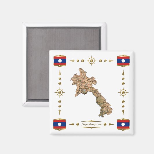 Laos Map + Flags Magnet (Vorderseite/Rückseite)