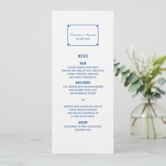 Lapis Blue Deko Chic Wedding Menu Menükarte (Stehend Vorderseite)