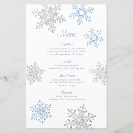Lapis Blue Silver Snowflake Winter Wedding Menü (Vorderseite)
