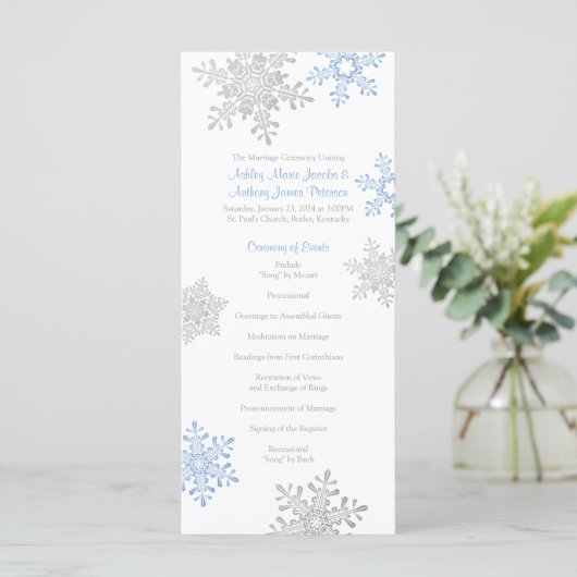 Lapis Blue Silver Snowflake Winter Wedding Program Programm (Stehend Vorderseite)