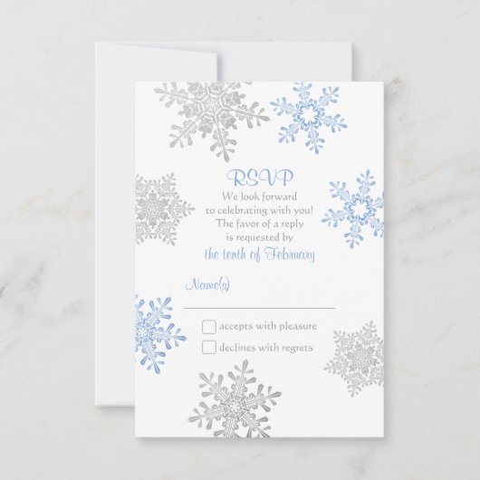 Lapis Blue Silver Winter Snowflake Wedding RSVP Karte (Vorderseite)
